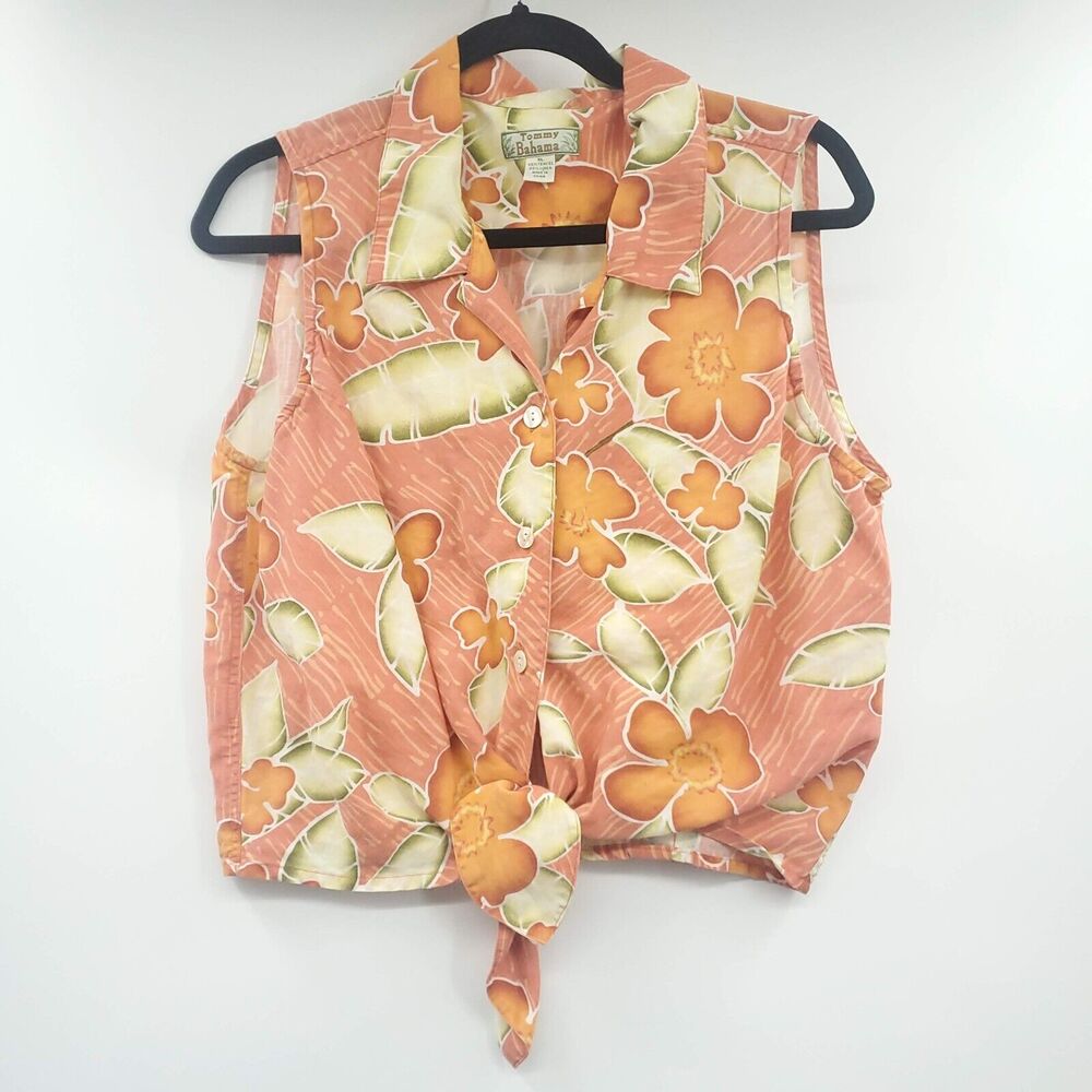 Tommy Bahama Shirt Womens XL Floral Hawaiian Tie Hem Sleeveless Crop Button-Up